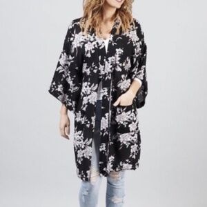 Spiritual Gangster Maya Kimono Black Floral Robe W/ Pockets One Size Fits Most